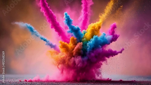 A stunning display of colorful powder exploding and freezing in place, creating a captivating abstract design of multicolored powder particles on a plain background photo