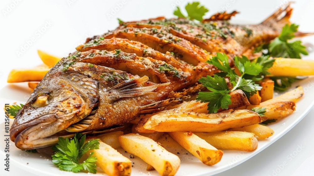 Appetising Fried Mojarra - A Typical Colombian Dish with French Fries and Cilantro on White Appetising Fried Mojarra - A Typical Colombian Dish with French Fries and Cilantro on White