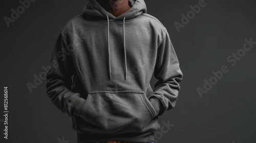 A man is wearing a gray hoodie and is standing in front of a dark background