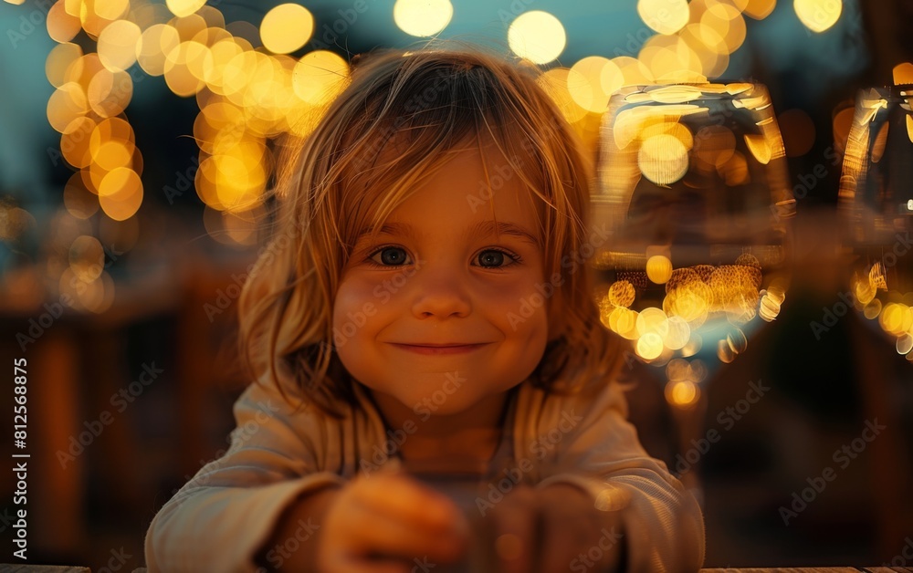 A young girl is smiling and holding a wine glass. The scene is set in a restaurant, with a table and chairs visible in the background. The girl appears to be enjoying her time A young girl is smiling and holding a wine glass. The scene is set in a restaurant, with a table and chairs visible in the background. The girl appears to be enjoying her time