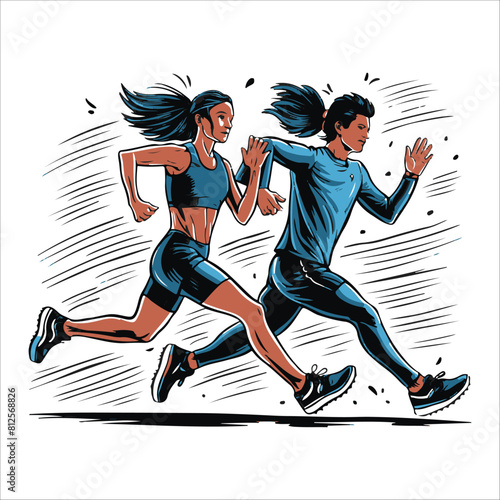 A dynamic vector illustration of two energetic individuals running side by side