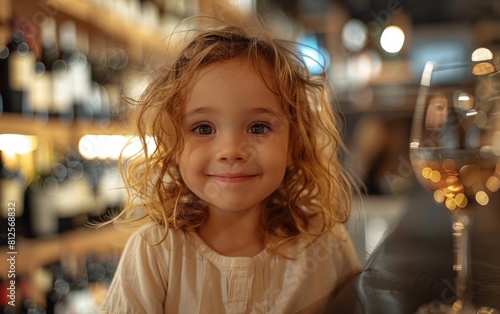 A young girl with curly hair is smiling at the camera. She is wearing a white shirt and is standing in front of a wine rack