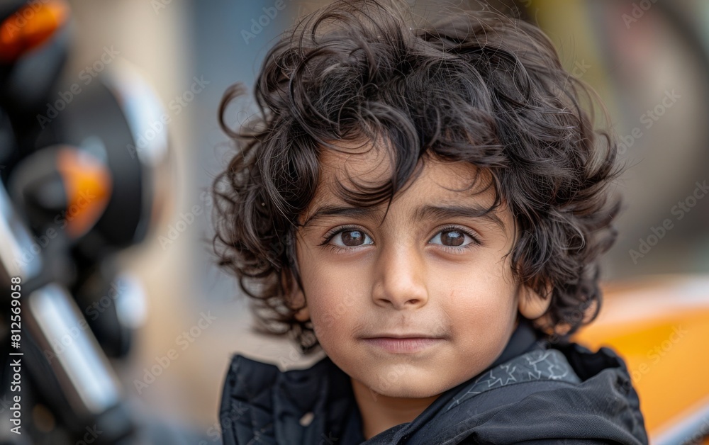 A young boy with curly hair is smiling at the camera. He is wearing a black jacket and a yellow jacket A young boy with curly hair is smiling at the camera. He is wearing a black jacket and a yellow jacket