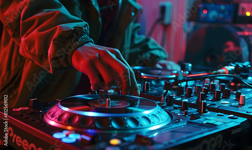 mixing music on a vintage DJ setup complete with Close up view of the hands of a male disc jockey mixing music on his deck with his hands poised over the vinyl record on the turntable and the control.