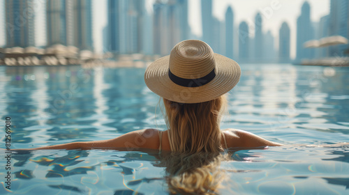 Beautiful woman wearing hat in roof top pool watching sunset around city. Vacation concept. © _chupacabra_