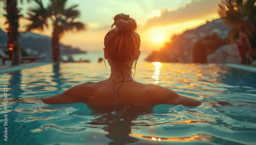 Beautiful woman in infinity pool watching sunset around tropical islands. Vacation concept. Beautiful woman in infinity pool watching sunset around tropical islands. Vacation concept.