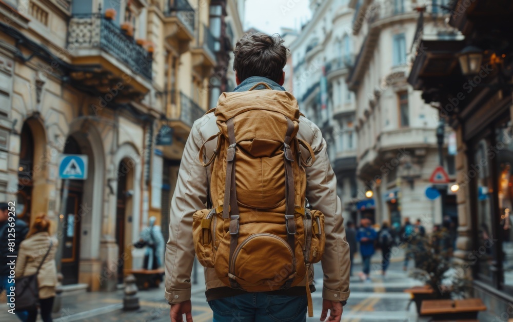 Fototapeta premium A man wearing a backpack is walking down a city street. The scene is bustling with activity, with several other people walking around and a few benches scattered throughout the area