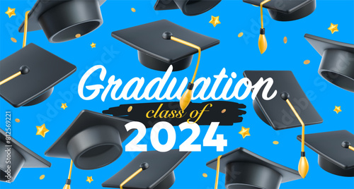 Vector illustration of graduate cap and diploma on blue color background. Caps thrown up pattern with word. 3d style design of congratulation graduates 2024 with graduation hat and diploma scroll