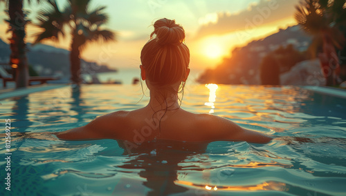 Beautiful woman in infinity pool watching sunset around tropical islands. Vacation concept.