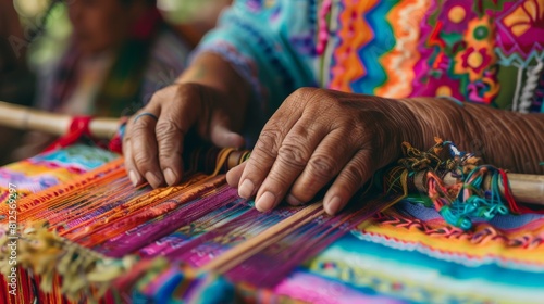 The photo shows a woman weaving a colorful traditional Mayan fabric on a backstrap loom.