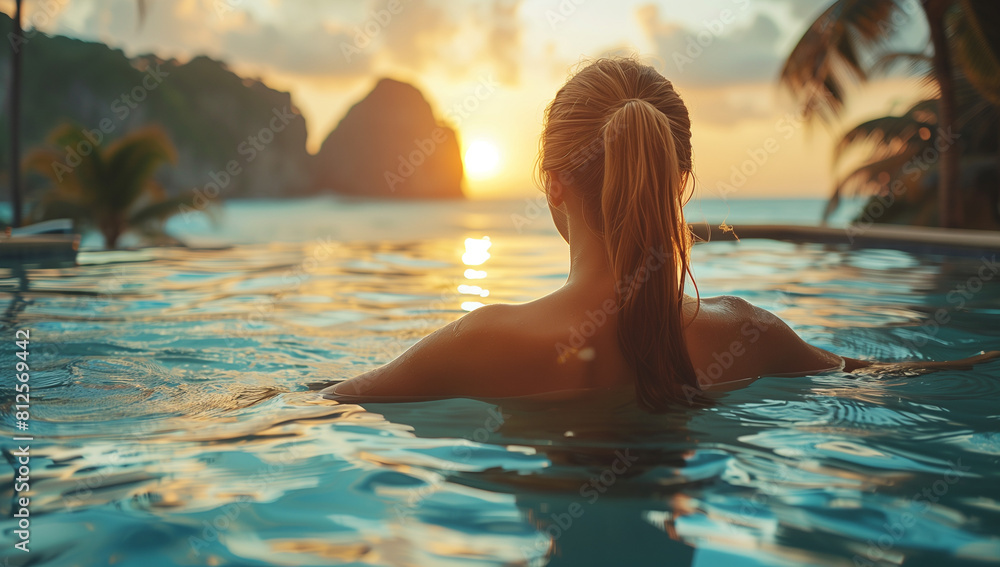 Beautiful woman in infinity pool watching sunset around tropical islands. Vacation concept. Beautiful woman in infinity pool watching sunset around tropical islands. Vacation concept.