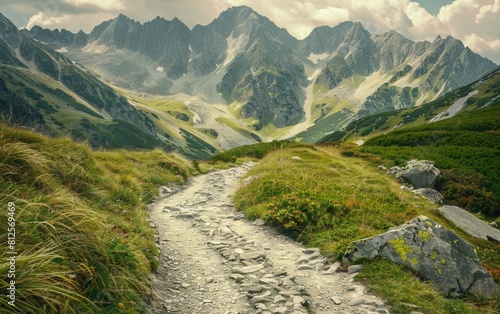 A mountain road with a path leading to the top of a mountain. The road is rocky and the grass is green. The mountains are in the background and the sky is cloudy