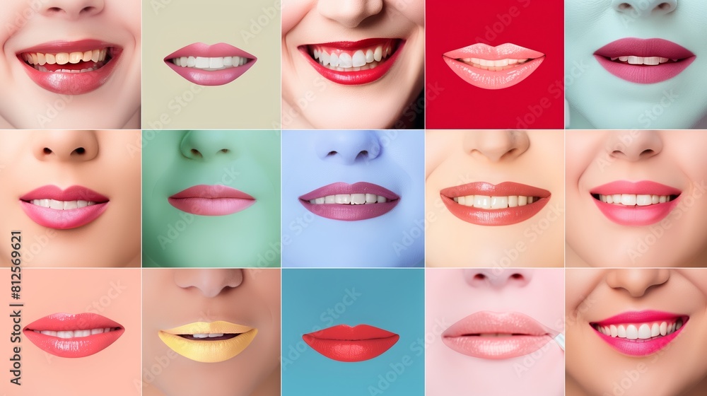 Collection of women's smiling mouths on pastel backgrounds. Collection of women's smiling mouths on pastel backgrounds.