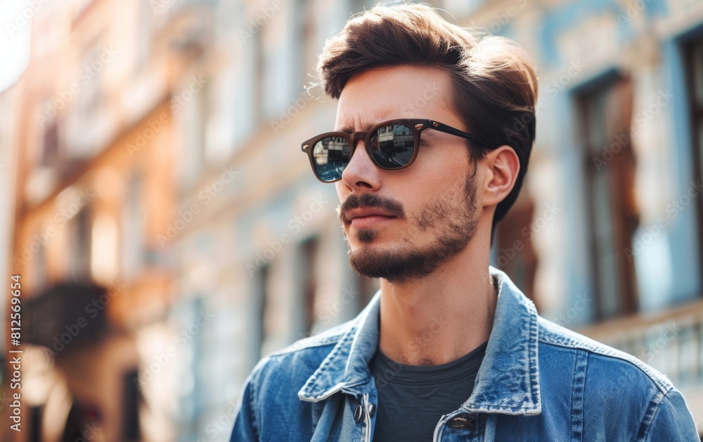 Fototapeta premium A man wearing sunglasses and a blue jacket is standing on a street. He has a beard and a mustache