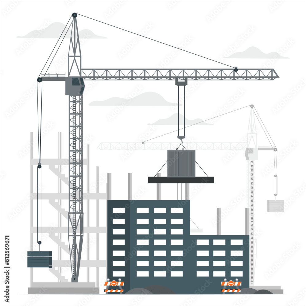Four unfinished buildings silhouettes. Industrial cranes. Process of building. Big cranes holding special elements. Various kinds of houses. Illustration of construction. Cartoon design.  932