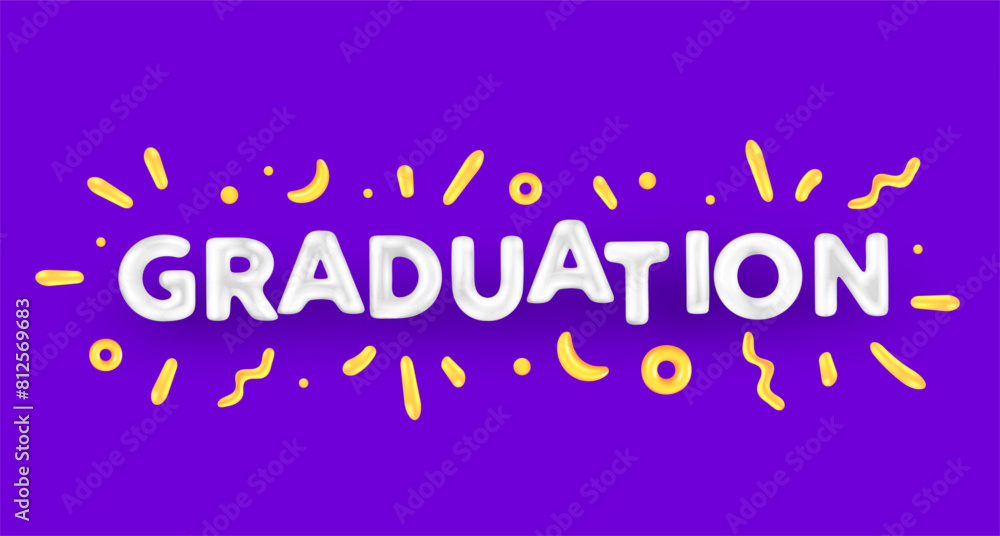 Vector illustration of cartoon white color word graduation with golden confetti. 3d style design of shine letter graduation on color background