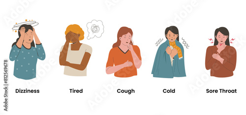 Set of sick woman characters. Sore Throat, Cold, Cough, Tired, Dizziness . Flat illustration set
