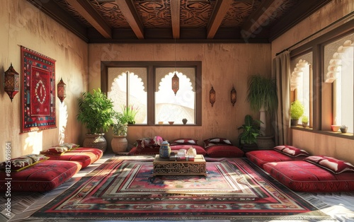 A room with a red carpet and a red couch. There are several potted plants in the room, and a few books are scattered around