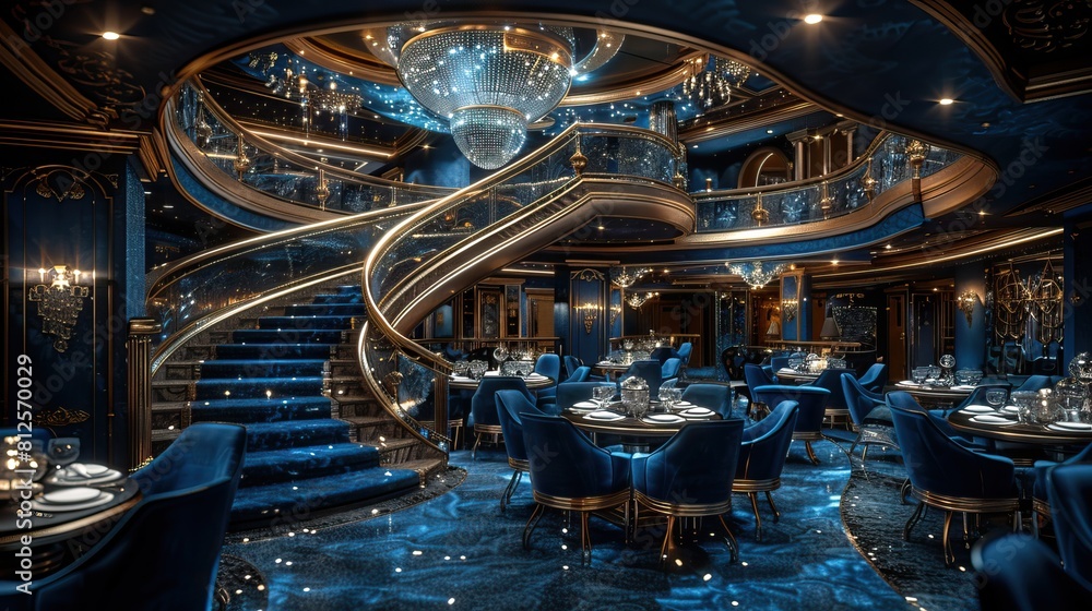Obraz premium Luxurious cruise ship restaurant interior design with crystal chandeliers, blue velvet chairs and spiral staircase. High resolution photo realistic style. , cinematic, hyperrealistic,