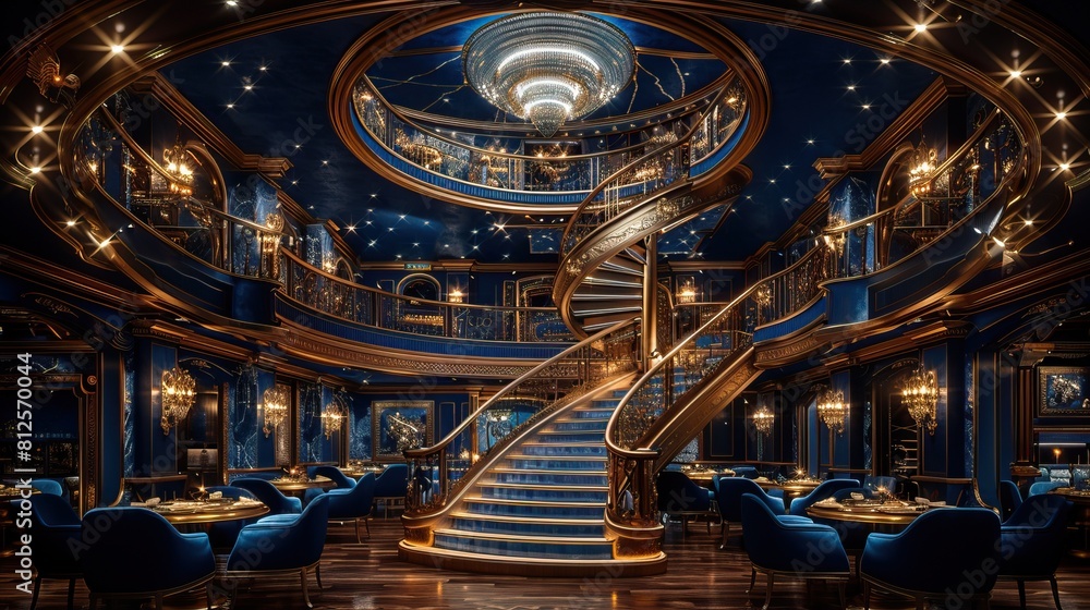 Obraz premium Luxurious cruise ship restaurant interior design with crystal chandeliers, blue velvet chairs and spiral staircase. High resolution photo realistic style. , cinematic, hyperrealistic,
