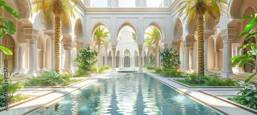 The luxurious resort delights with a unique landscape design  including arcades and a swimming pool with spectacular fountains  reminiscent of classical Arabic architecture