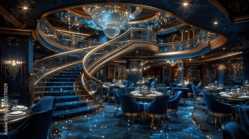 Luxurious cruise ship restaurant interior design with crystal chandeliers, blue velvet chairs and spiral staircase. High resolution photo realistic style. , cinematic, hyperrealistic,