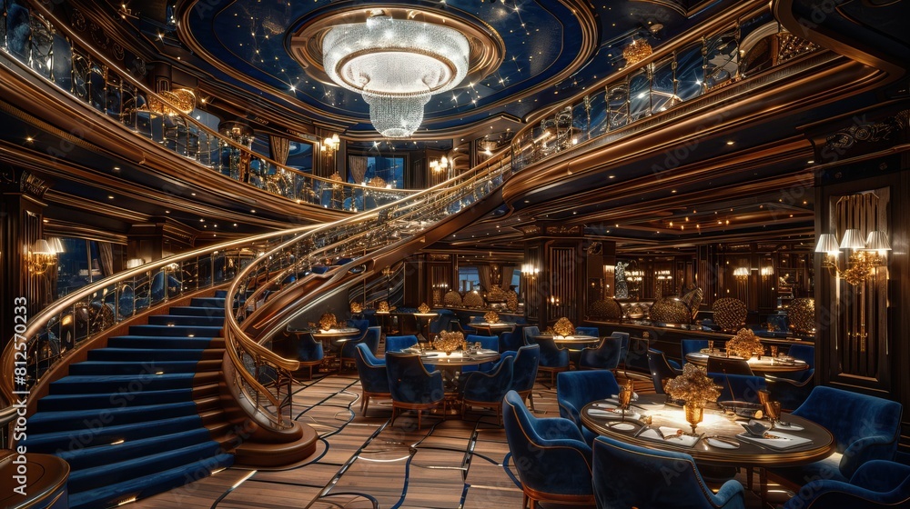 Luxurious cruise ship restaurant interior design with crystal chandeliers, blue velvet chairs and spiral staircase. High resolution photo realistic style. , cinematic, Luxurious cruise ship restaurant interior design with crystal chandeliers, blue velvet chairs and spiral staircase. High resolution photo realistic style. , cinematic,