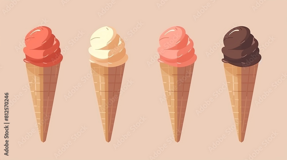Four different colored ice cream cones in a row Four different colored ice cream cones in a row