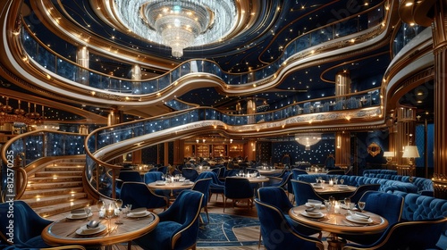 Luxurious cruise ship restaurant interior design with crystal chandeliers, blue velvet chairs and spiral staircase. High resolution photo realistic style. , cinematic, hyperrealistic,