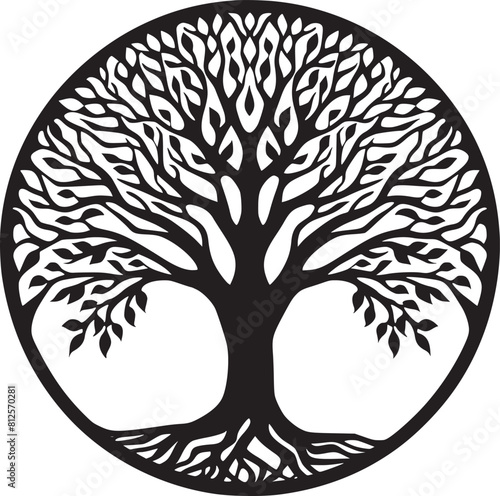 line art nature logo vector design oak tree inside circle, abstract tree logo symbol inside circle

