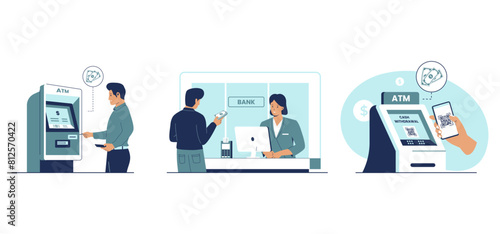 Vector illustration of person taking money from ATM. Flat illustration set