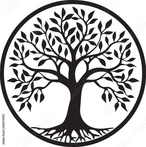 line art nature logo vector design oak tree inside circle, abstract tree logo symbol inside circle
