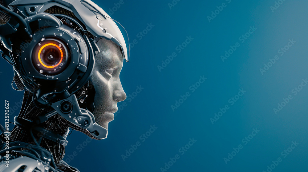 A futuristic humanoid robot with mechanical details gazes forward against a gradient blue background. A futuristic humanoid robot with mechanical details gazes forward against a gradient blue background.