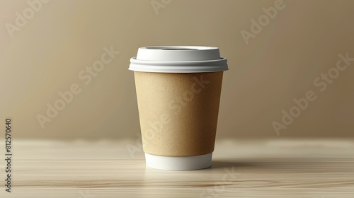 A coffee cup with a white lid sits on a wooden table