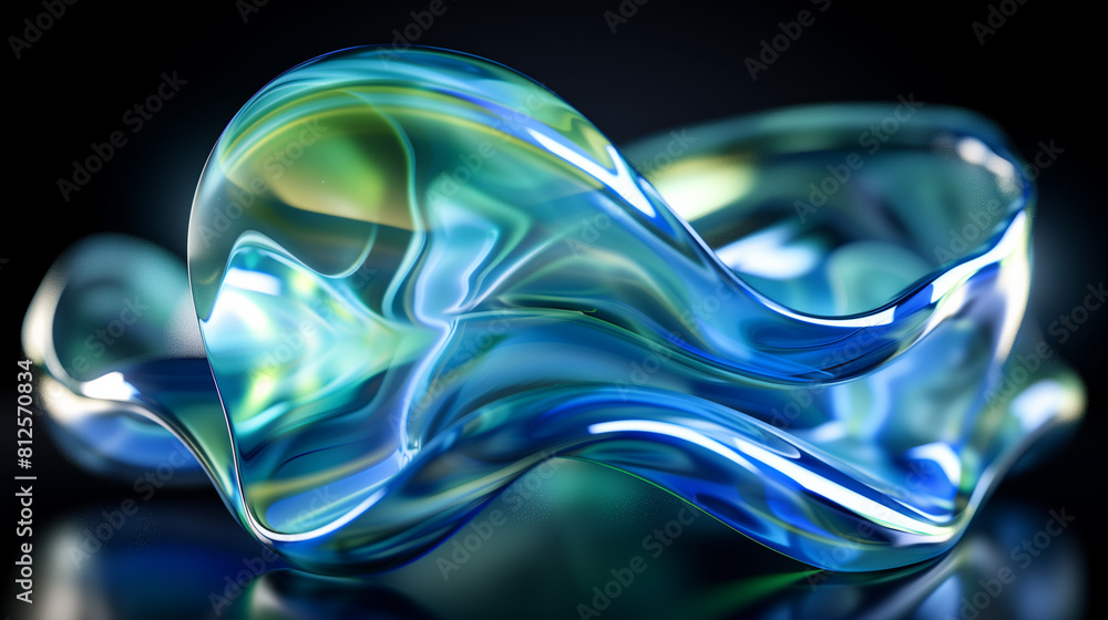 3D render of an abstract futuristic twisted shape with a blue and green gradient on a dark navy blue background 3D render of an abstract futuristic twisted shape with a blue and green gradient on a dark navy blue background