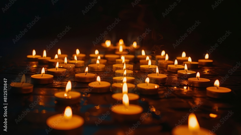 Profile silhouette of a cross-shaped arrangement of candles, flickering in the darkness Profile silhouette of a cross-shaped arrangement of candles, flickering in the darkness