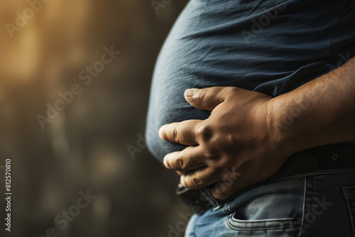 Closeup of a man's hand pinching excess stomach fat, highlighting obesity photo
