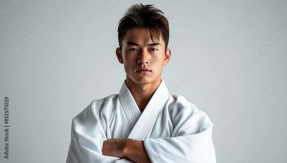 portrait of karate master arms crossed in white kimono outfit, isolated white background, copy space
portrait of karate master arms crossed in white kimono outfit, isolated white background, copy space