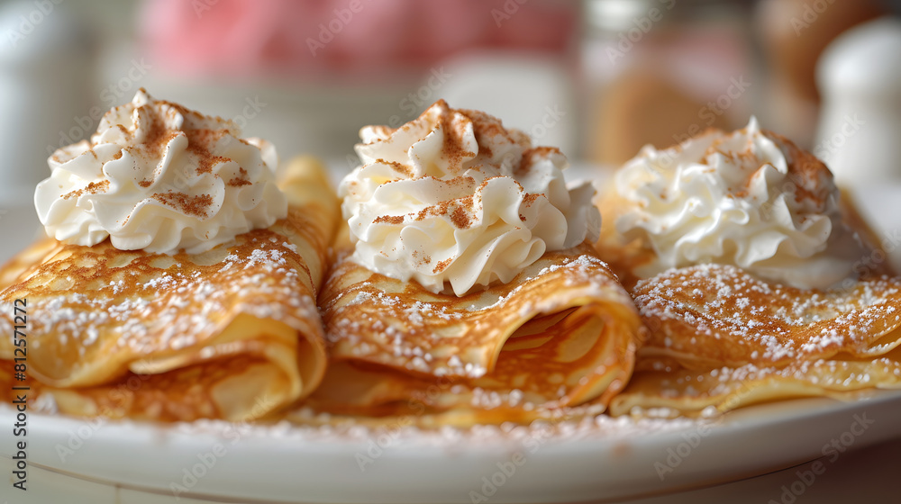 Rolled crepes with whipped cream and powdered sugar on a plate. Close-up of traditional dessert. Breakfast and pastry concept. Design for menu, cookbook, food blog Rolled crepes with whipped cream and powdered sugar on a plate. Close-up of traditional dessert. Breakfast and pastry concept. Design for menu, cookbook, food blog
