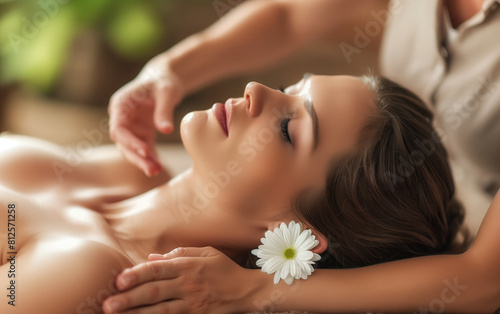 Woman enjoying a soothing neck massage in a tranquil spa setting with a daisy flower accent