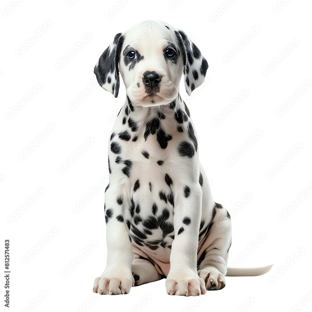 Cute dalmatian puppy dog sitting isolated on black background