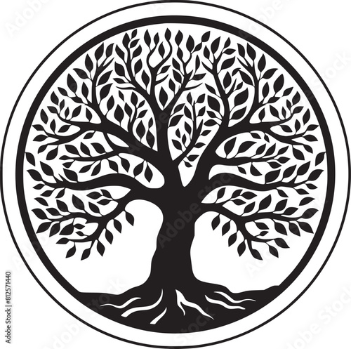 line art nature logo vector design oak tree inside circle, abstract tree logo symbol inside circle
