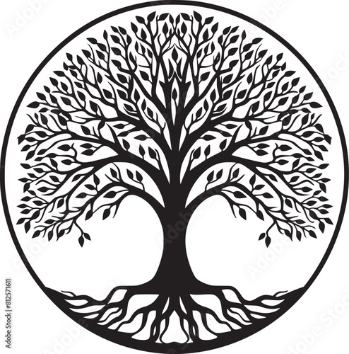 line art nature logo vector design oak tree inside circle, abstract tree logo symbol inside circle
