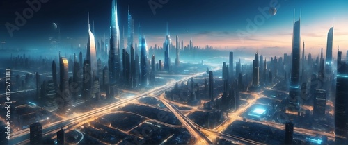 Futuristic night cityscape with high-rise buildings and roads