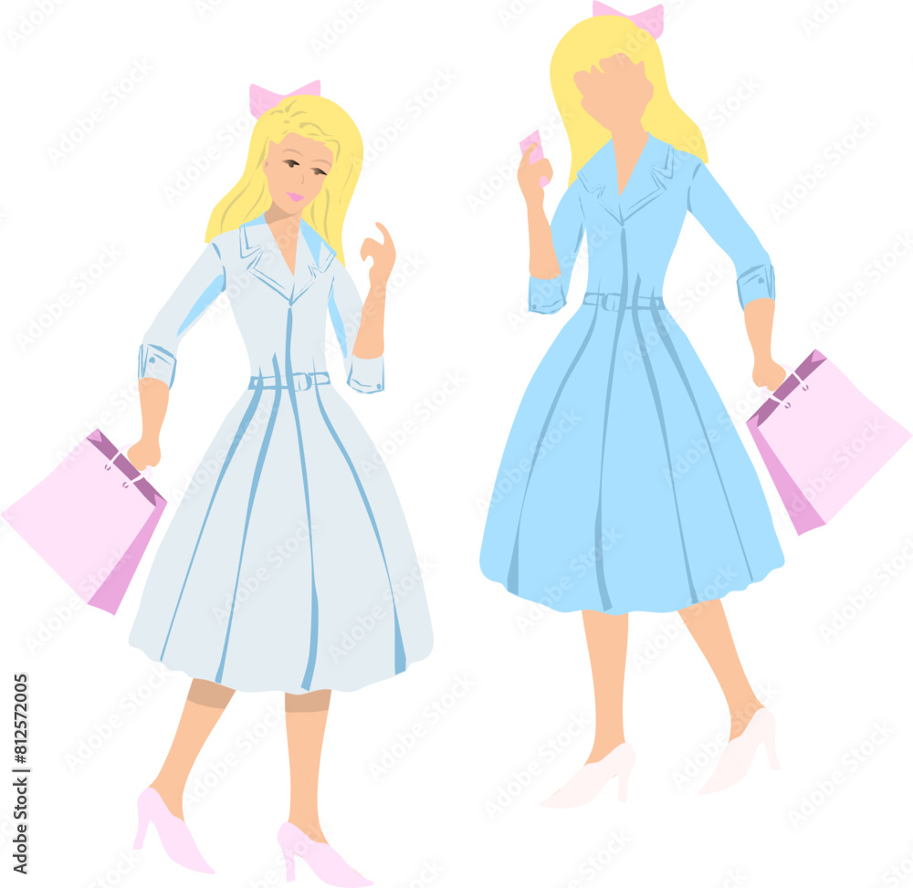 Glamorous woman in sundress shopping. In the girls hand is a bag with purchases and a smartphone. Vector illustration blonde in a blue dress with kobluks. Simple image without doodle shadows Glamorous woman in sundress shopping. In the girls hand is a bag with purchases and a smartphone. Vector illustration blonde in a blue dress with kobluks. Simple image without doodle shadows