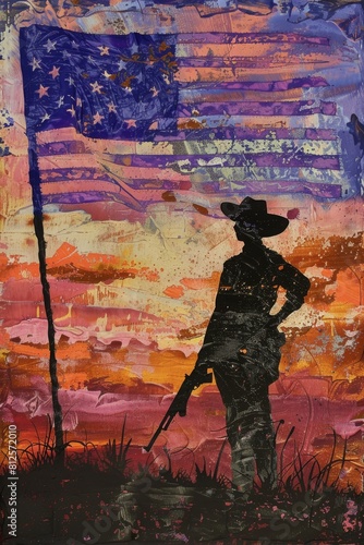 Artistic representation of a soldier silhouetted against a textured American flag, reflecting the sacrifice and service of the military on Independence Day, national flag day