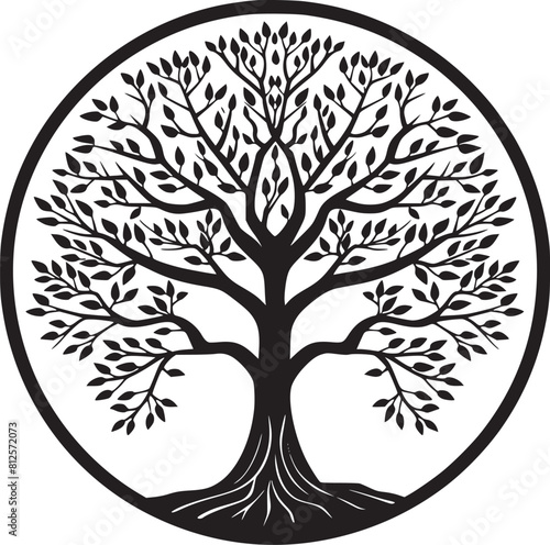 line art nature logo vector design oak tree inside circle, abstract tree logo symbol inside circle
