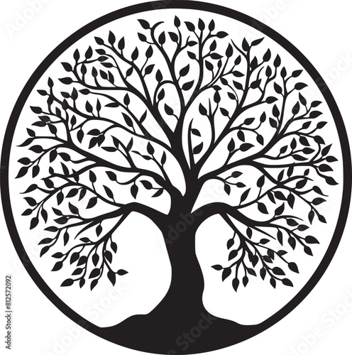 line art nature logo vector design oak tree inside circle, abstract tree logo symbol inside circle
