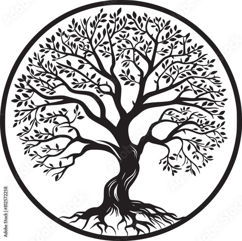 line art nature logo vector design oak tree inside circle, abstract tree logo symbol inside circle
