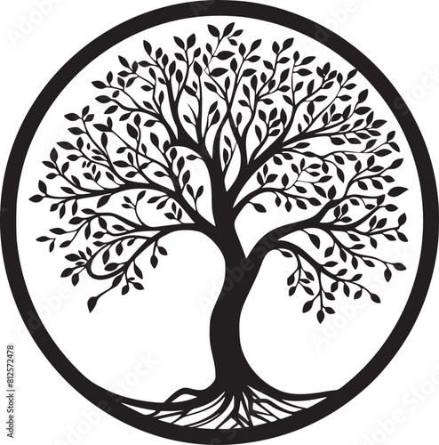 line art nature logo vector design oak tree inside circle, abstract tree logo symbol inside circle
